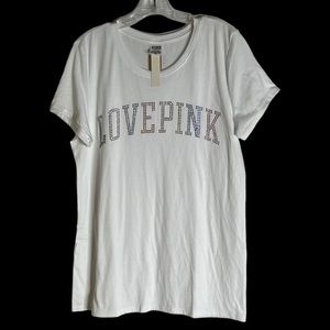 PINK Victoria's Secret T-Shirt Women's Large Shine Bling Logo White Short Sleeve